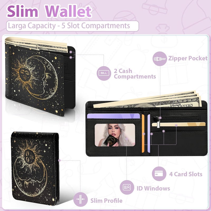 Funermei Cute Wallet for Women Girls Sun and Moon Leather Bifold Wallet Stars Space Aesthetic Credit Card Holder RFID Id Cash Slim Black Small Bi-fold Wallets with Coin Pocket for Teen Little Girl - Image 4
